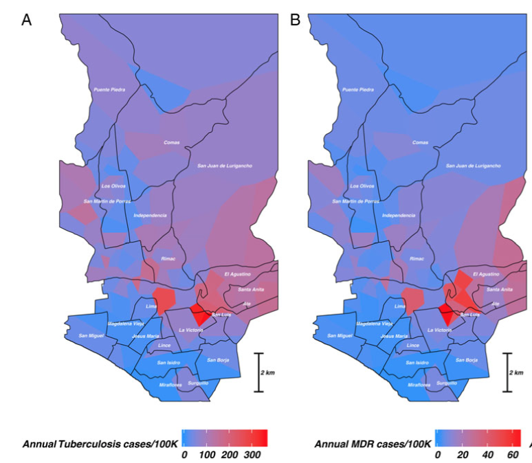 Health Center Heterogeneity in TB (A) and MDR-TB (B) risk in Lima, Peru